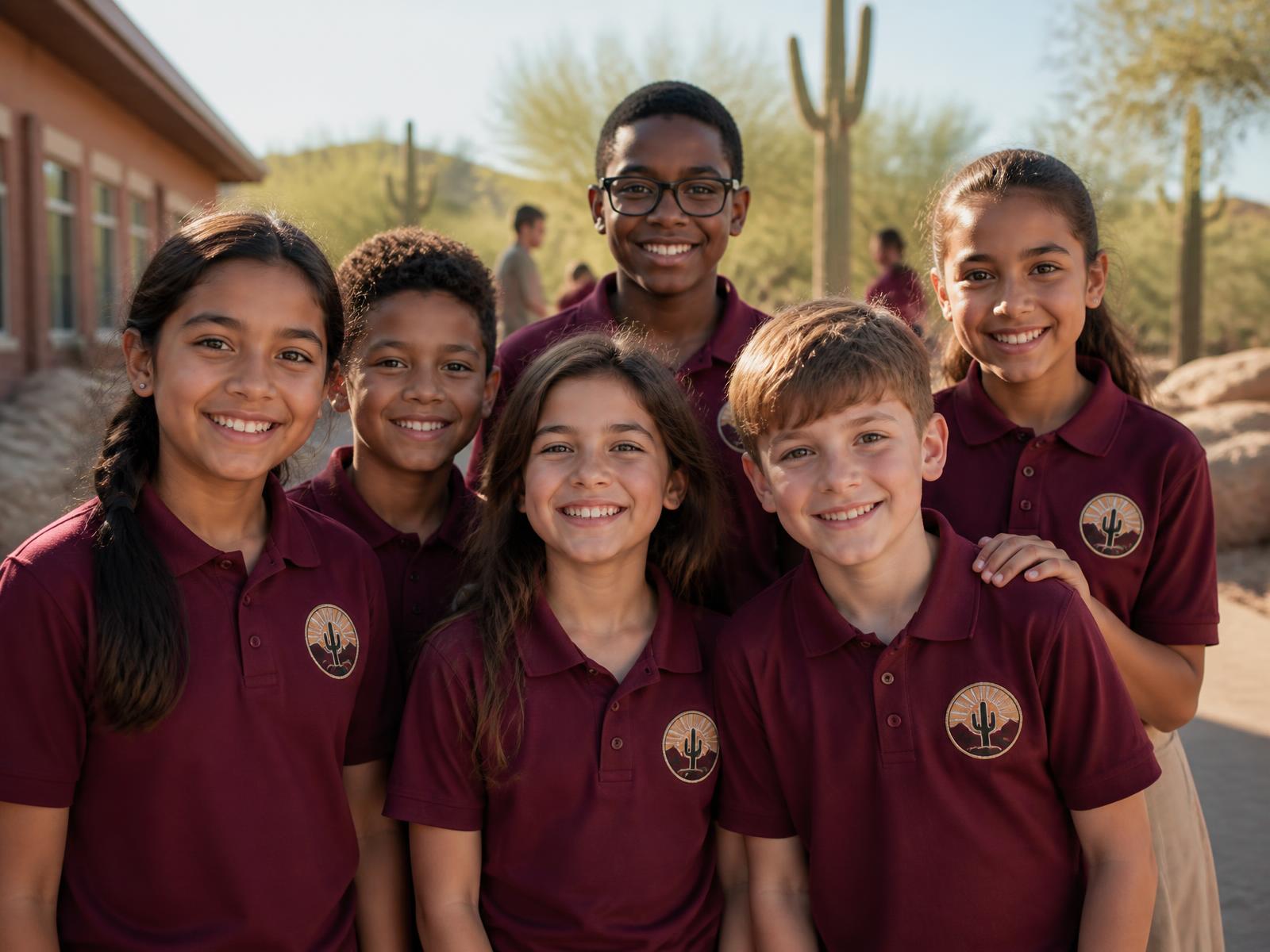 Promise Land Academy students wearing burgundy polos with the school crest on an Arizona campus
